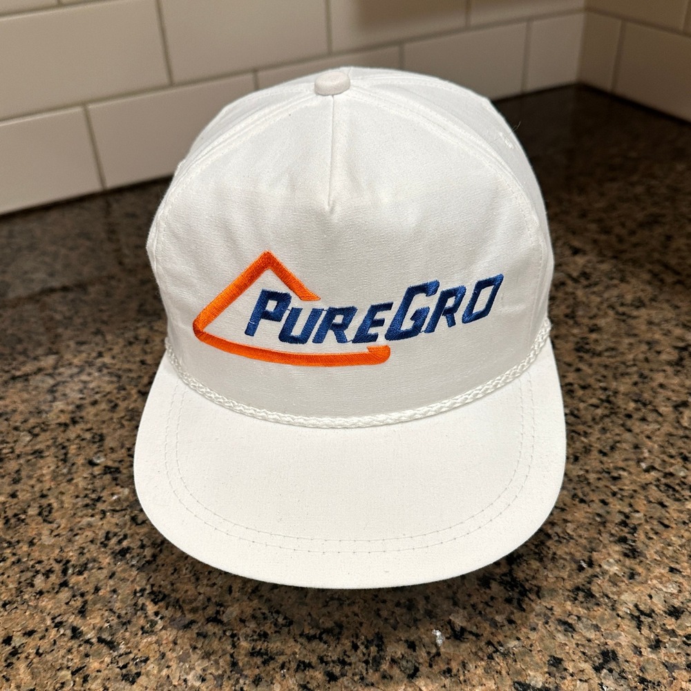 Vtg PureGro K-Brand Rope Hat Snapback Cap White Cotton Made In USA
